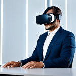 A thoughtful, professional person, fully clothed in a modest, modern business suit, wearing a sleek virtual reality headset. They are seated at a minimalist desk in a contemporary office space, with subtle, glowing abstract digital patterns and translucent geometric overlays appearing within the environment, representing the mind's active construction of reality. The image should convey deep contemplation and seamless technological integration. Professional photography, high quality, perfect anatomy, correct proportions, natural pose, well-formed hands, proper finger count, natural body proportions, safe for work, appropriate content, fully clothed, family-friendly.